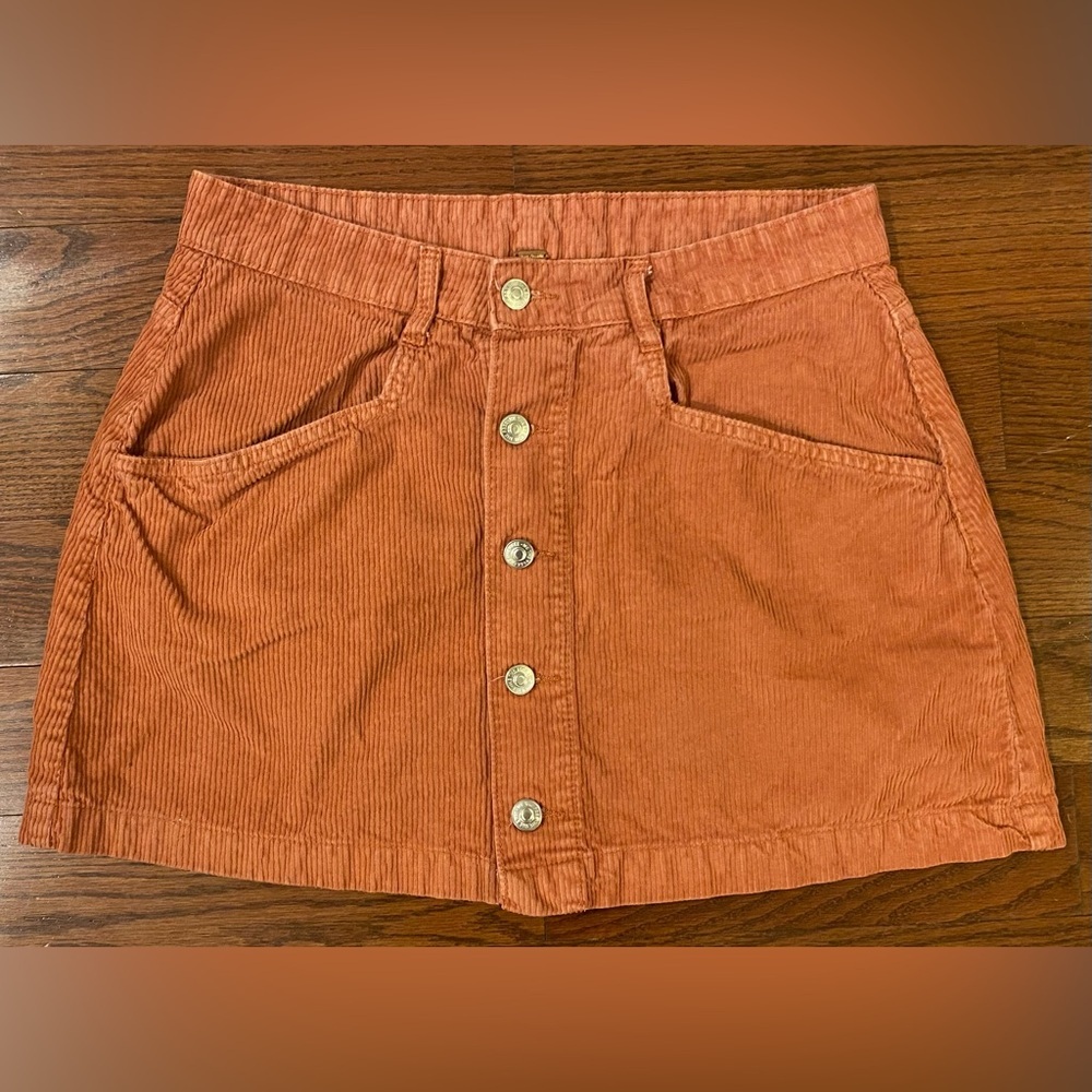 Free People Corduroy Mini Skirt Sz 10/14 Rust Button Front 2 Pockets Belt Loops